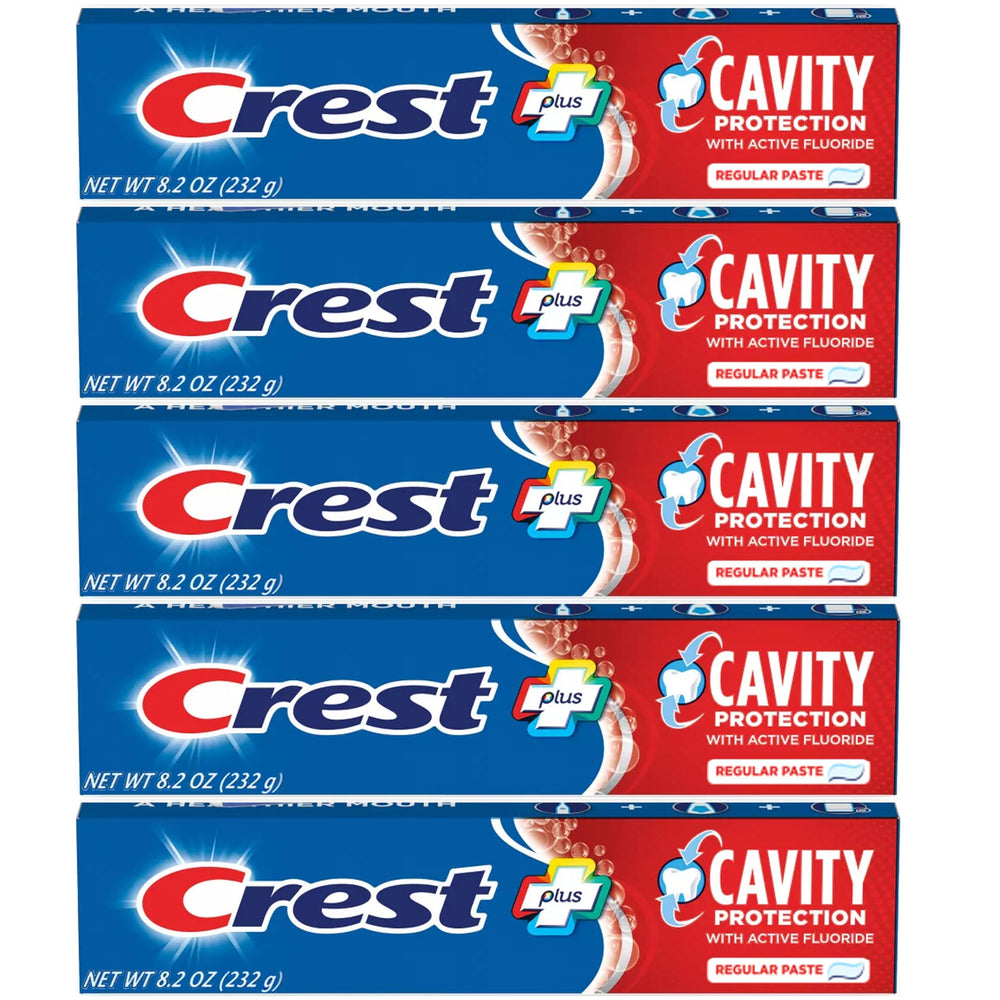 Crest empaque frontal pack de 5 mostrando ahorro y disponibilidad familiar