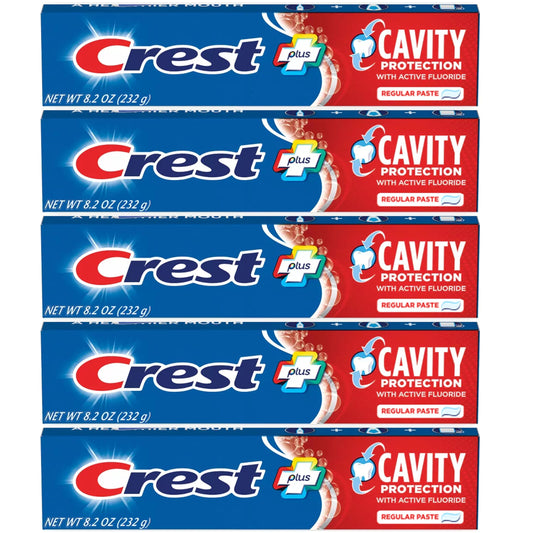 Crest empaque frontal pack de 5 mostrando ahorro y disponibilidad familiar