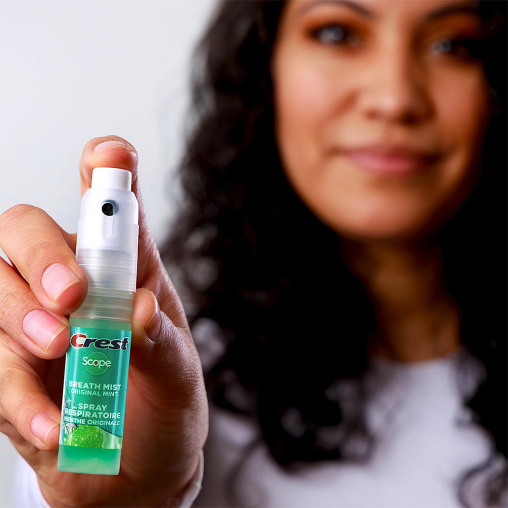 Crest Scope etiqueta con instrucciones y beneficios visibles