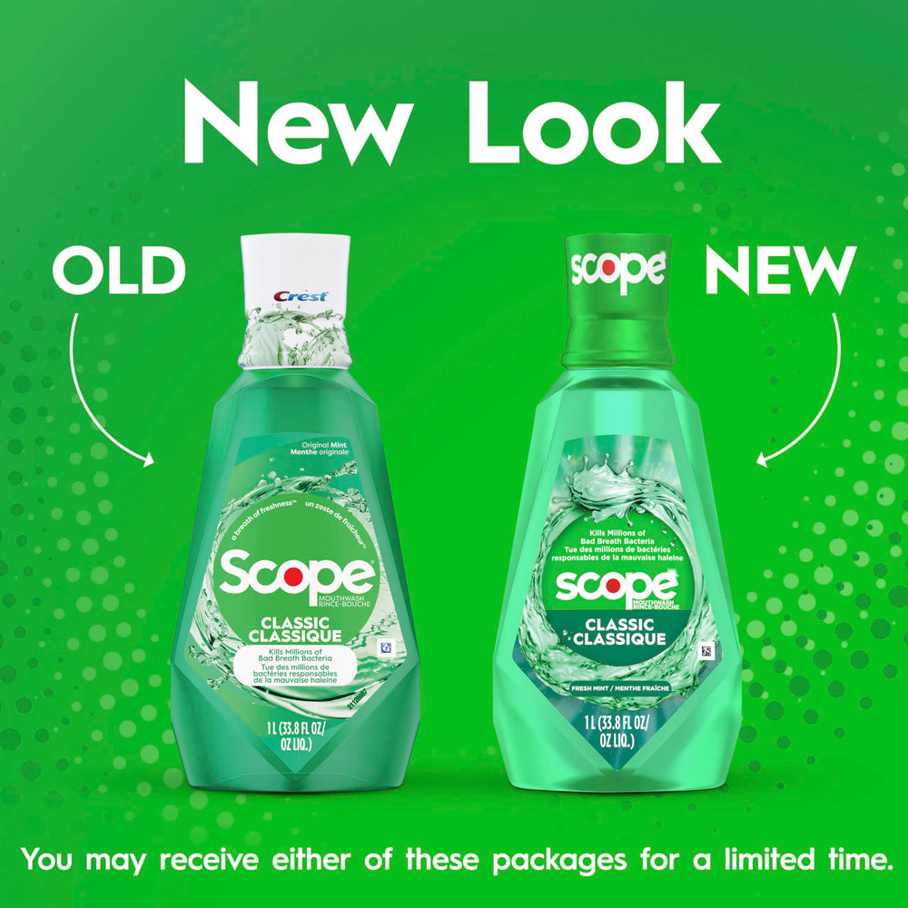 Textura del líquido verde menta de Crest Scope Classic que sugiere sensación refrescante prolongada