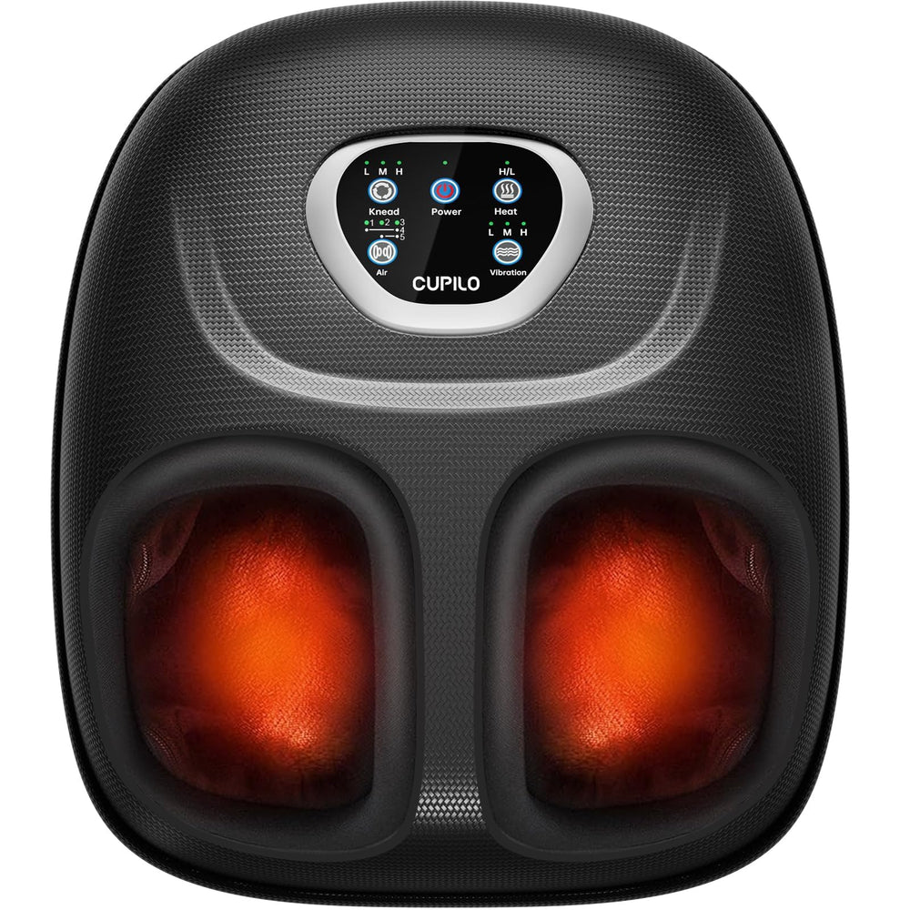 Imagen frontal del CuPiLo masajeador de pies mostrando diseño y controles, comodidad inmediata