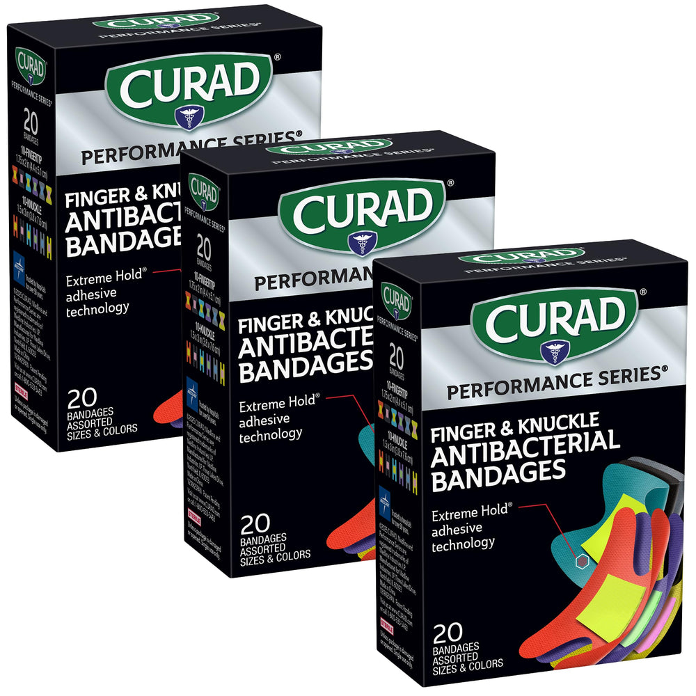 Curad frontal del empaque Performance Series mostrando variedad y pack de 3, protección fiable