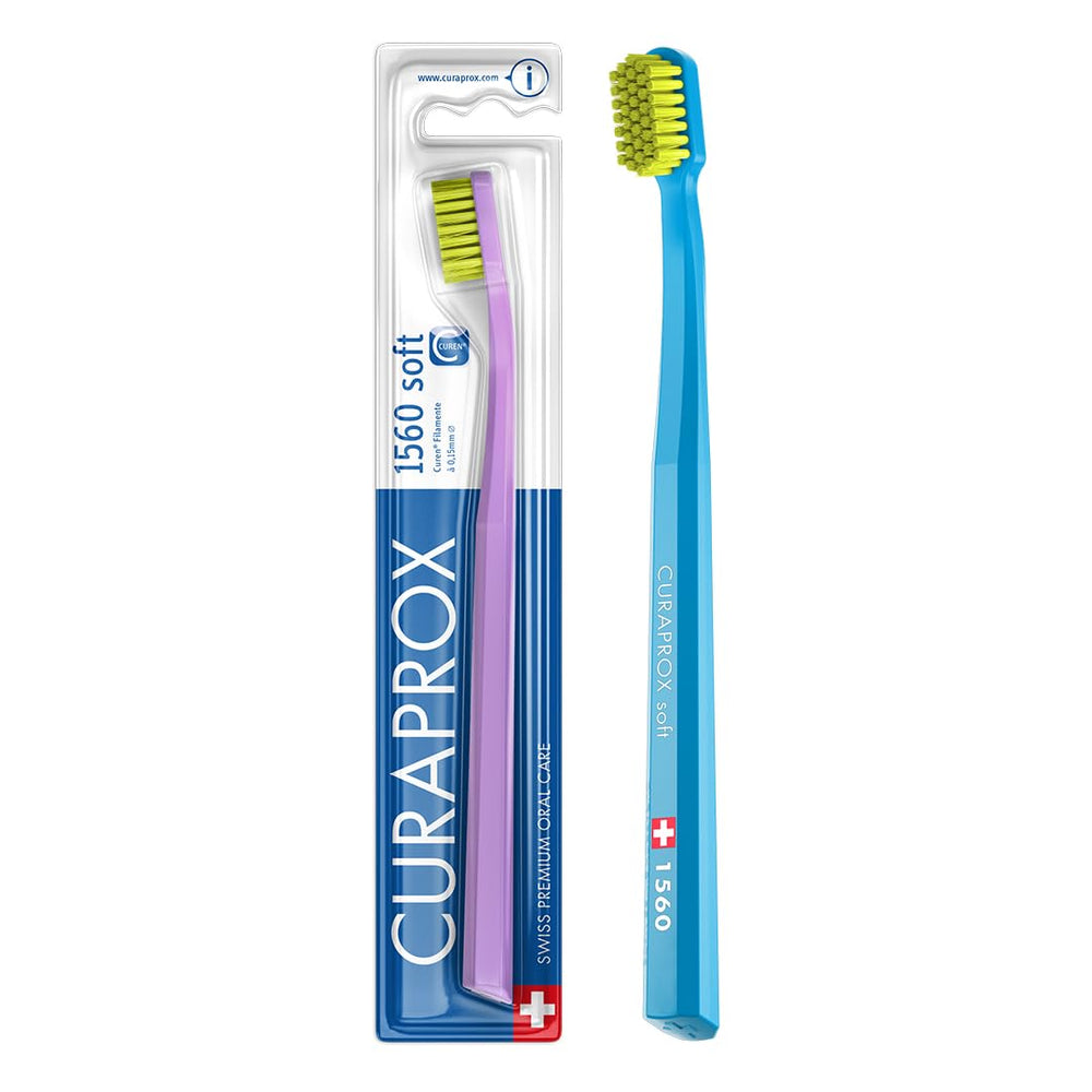 Curaprox cepillo CS 1560 frontal empaque mostrando producto y beneficios suaves