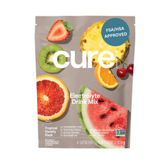 Cure Hydration empaque frontal Tropical mostrando 8 sobres y beneficios visibles