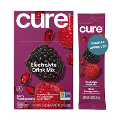 Cure Hydration frente del empaque mostrando 8 sobres y diseño colorido, fácil transporte
