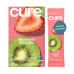 Cure Hydration empaque frontal mostrando 8 sobres y beneficio de rehidratación rápida