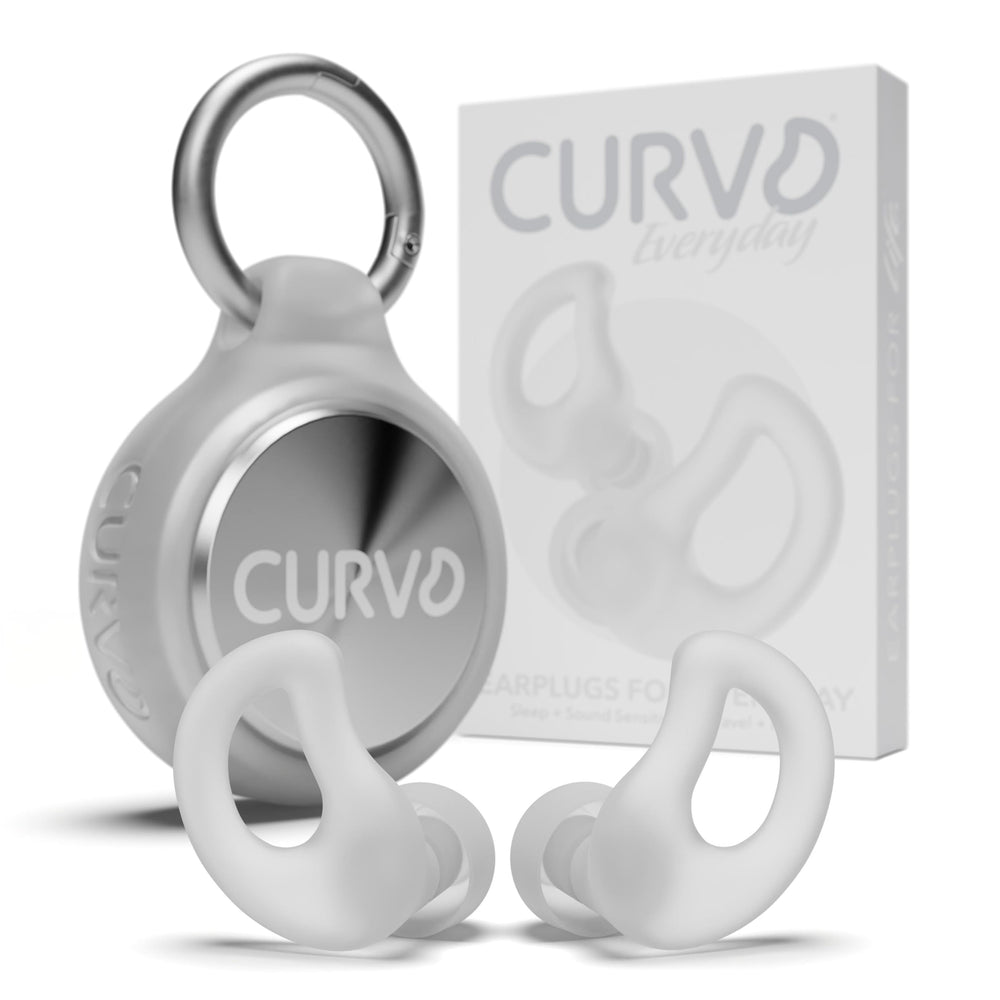 CURVD frente del empaque mostrando tapones y estuche, protección cómoda