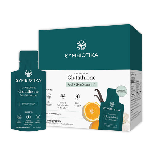 CYMBIOTIKA empaque frontal del glutatión liposomal mostrando claridad