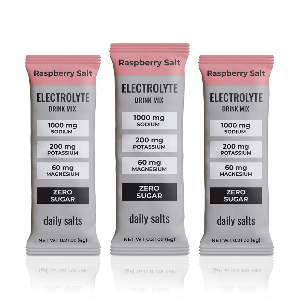 daily salts frente del paquete mostrando 30 sobres y sabor frambuesa para hidratación práctica