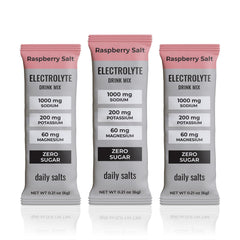 daily salts frente del paquete mostrando 30 sobres y sabor frambuesa para hidratación práctica