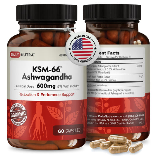 DailyNutra KSM-66 Ashwagandha: cápsulas para apoyo diario de energía y foco.