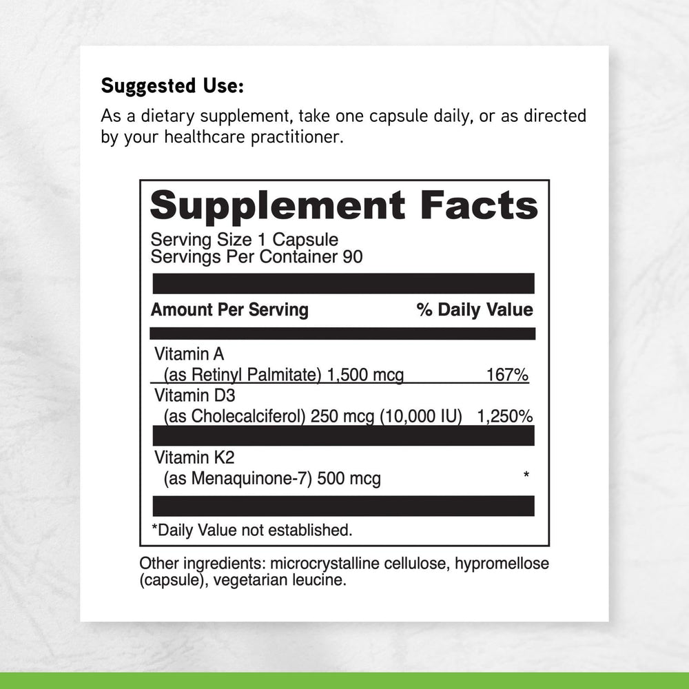 DAVINCI ADK 10 etiqueta nutricional mostrando vitaminas A, D3 y K2