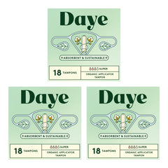 Daye empaque frontal mostrando 54 tampones y beneficios ecológicos