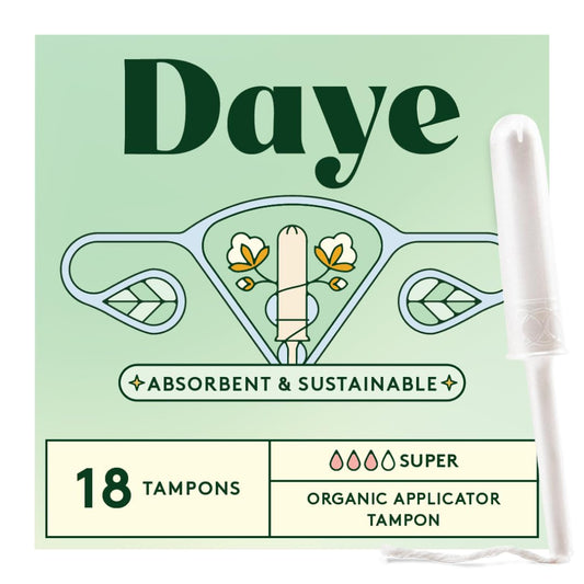 Daye tampones Super frente del empaque mostrando 18 unidades y beneficio de pureza