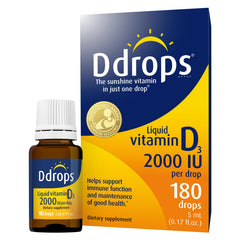 Ddrops frasco frontal mostrando la etiqueta y beneficio de dosificación precisa