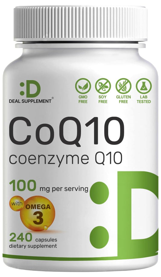 Deal Supplement CoQ10 Omega 3 bottle shows 240-capsule supply for daily vitality