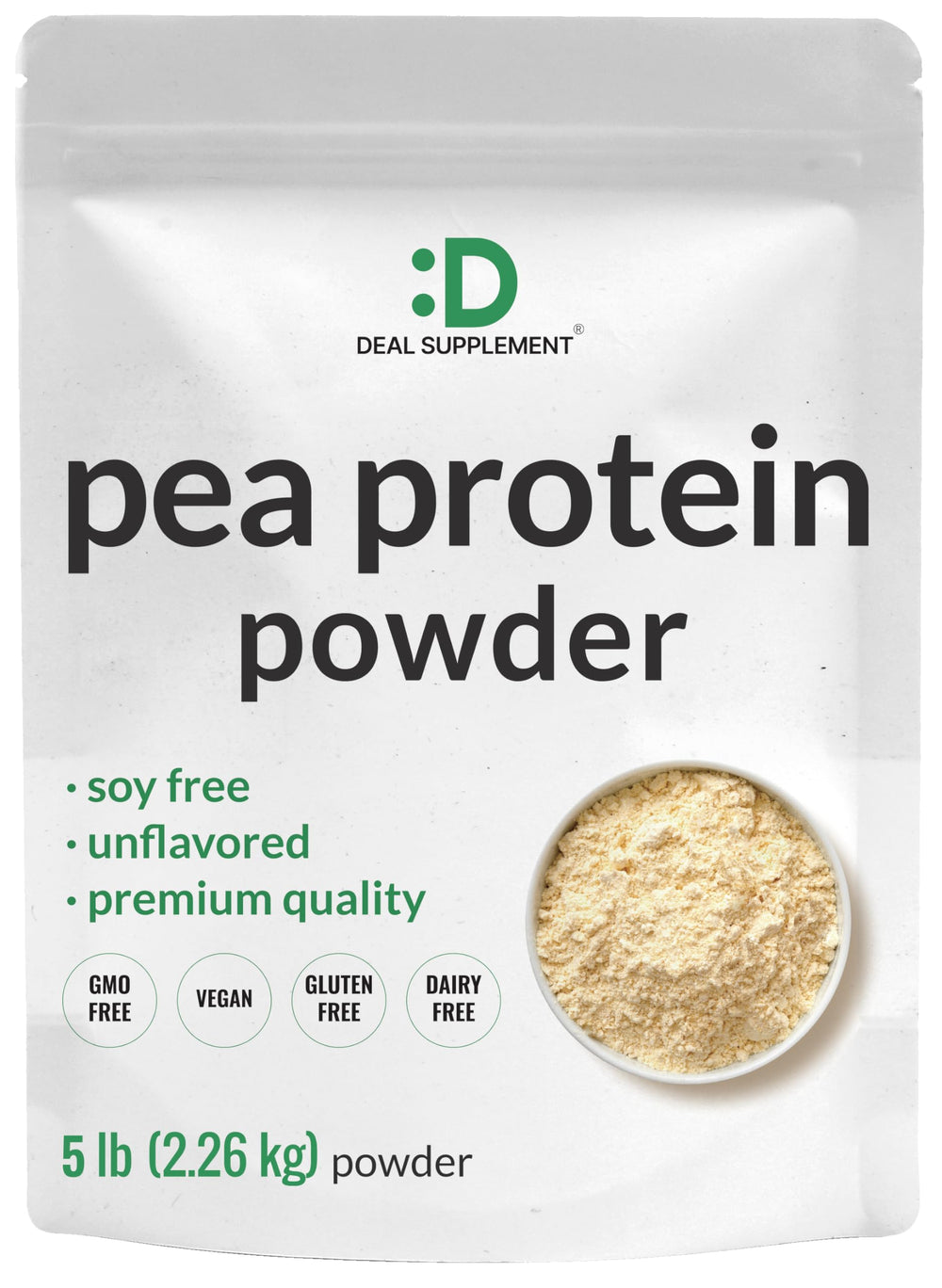 DEAL SUPPLEMENT envase frontal de 5 lb mostrando pureza y tamaño