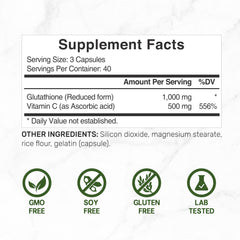 DEAL SUPPLEMENT etiqueta en detalle con información de glutatión y vitamina C