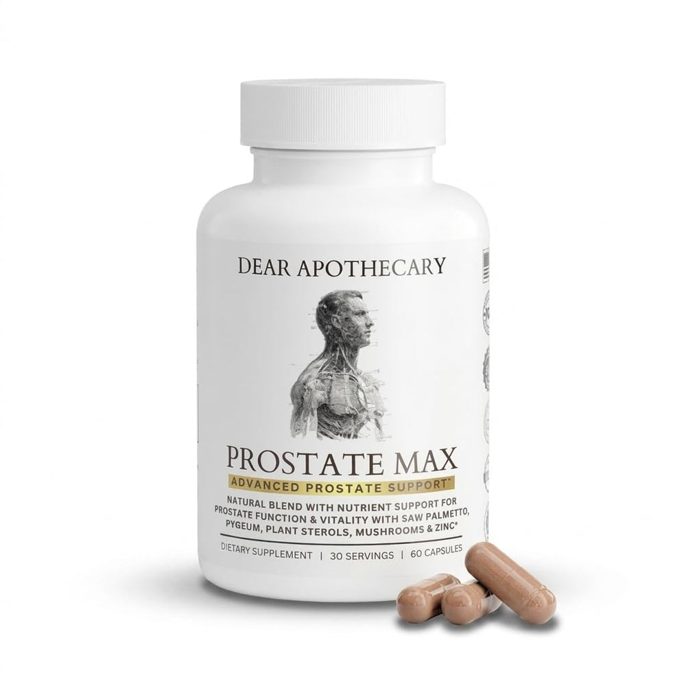 Dear Apothecary envase frontal de Prostate Max Support que muestra la marca y beneficios