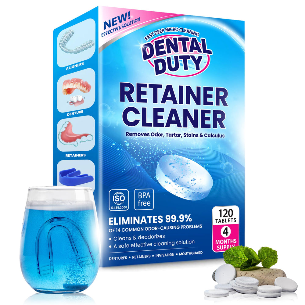 Dental Duty paquete frontal mostrando 120 tabletas y beneficios de limpieza