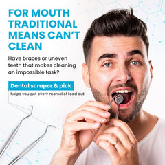 Dental Duty pick en uso entre dientes para limpieza de residuos difícil