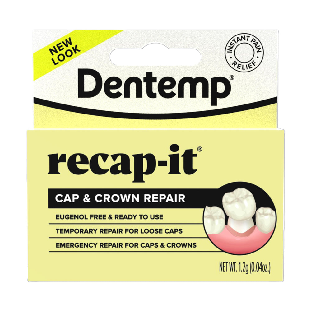 Etiqueta informativa de Dentemp Recap-It con instrucciones y confianza profesional