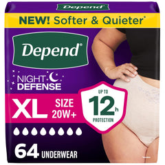 Depend empaque frontal mostrando 64 unidades y protección nocturna