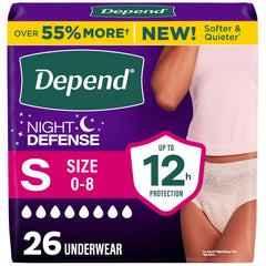 Depend frontal del paquete mostrando la talla pequeña y cantidad 26, seguridad visible