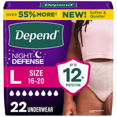 Depend paquete frontal mostrando 22 bragas para protección nocturna