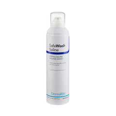 DermaRite envase frontal de Safe Wash Wound Saline mostrando etiqueta clara y uso clínico
