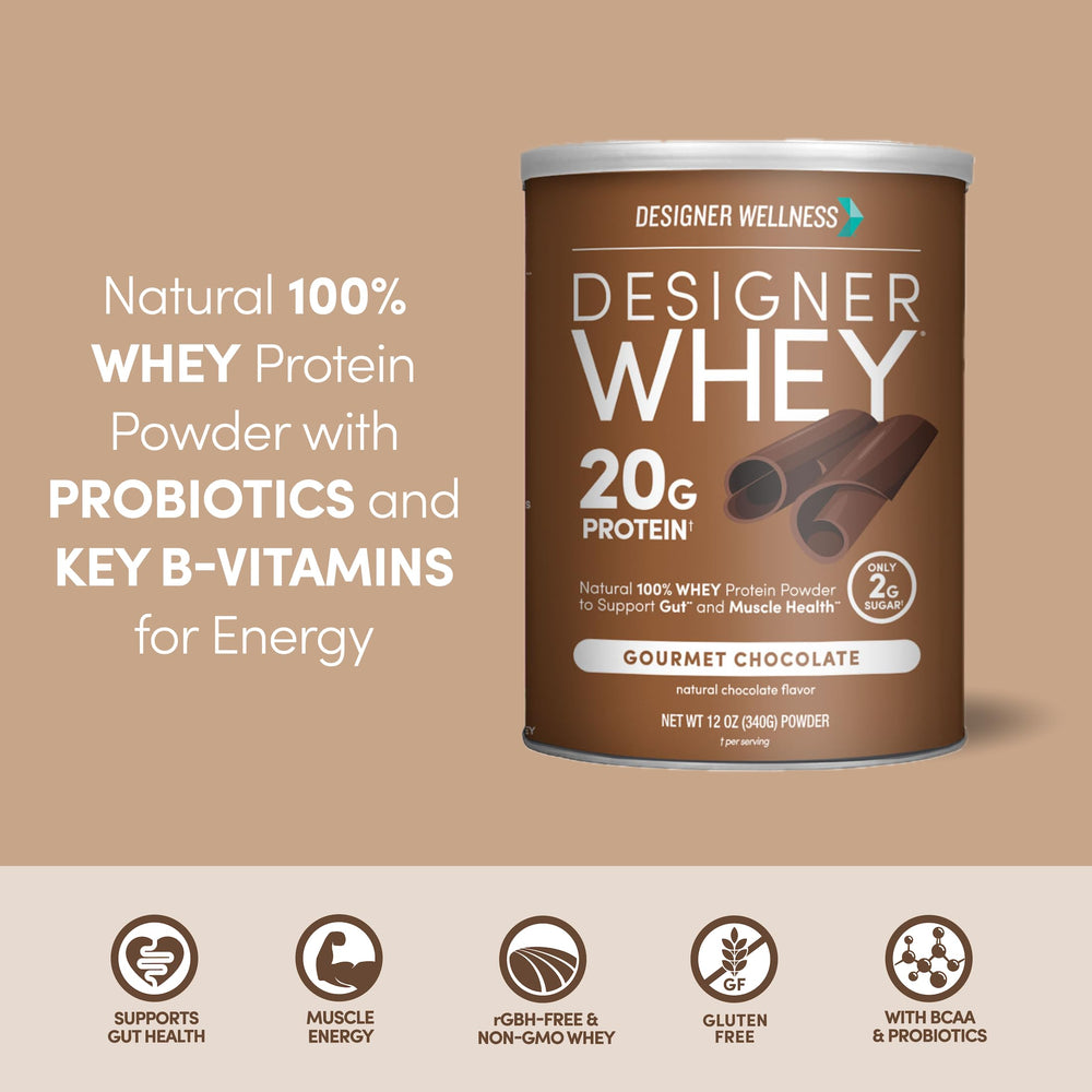 Vaso con batido de Designer Wellness chocolate listo para beber, recuperación rápida y sabor agradable
