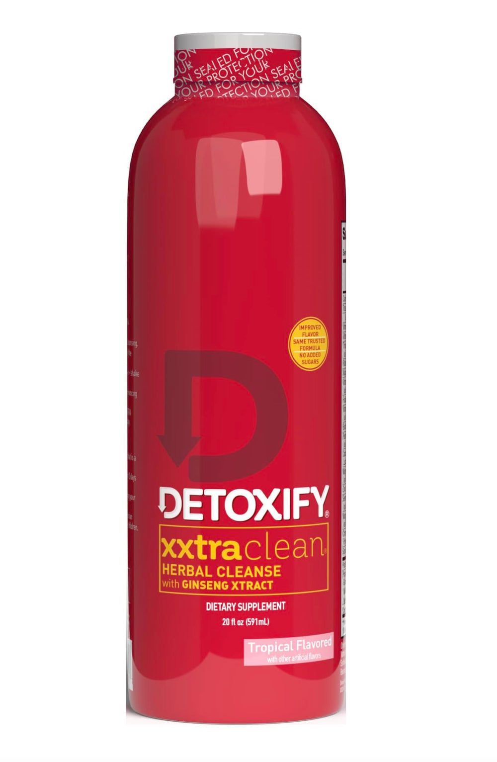 Detoxify vista frontal del envase Xxtra Clean sabor Tropical Fruit que facilita la toma