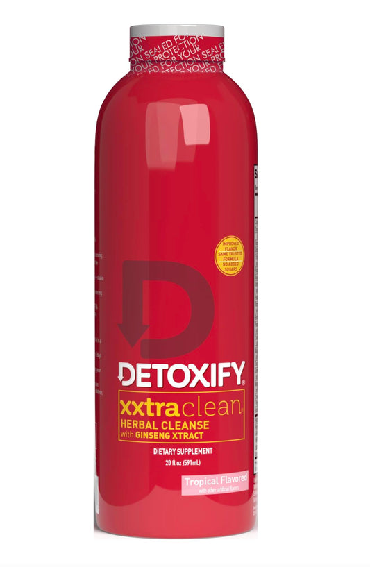 Detoxify vista frontal del envase Xxtra Clean sabor Tropical Fruit que facilita la toma