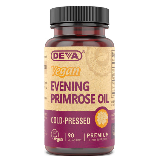 DEVA Evening Primrose Oil capsules in bottle, highlighting vegan, plant-based fatty acids.