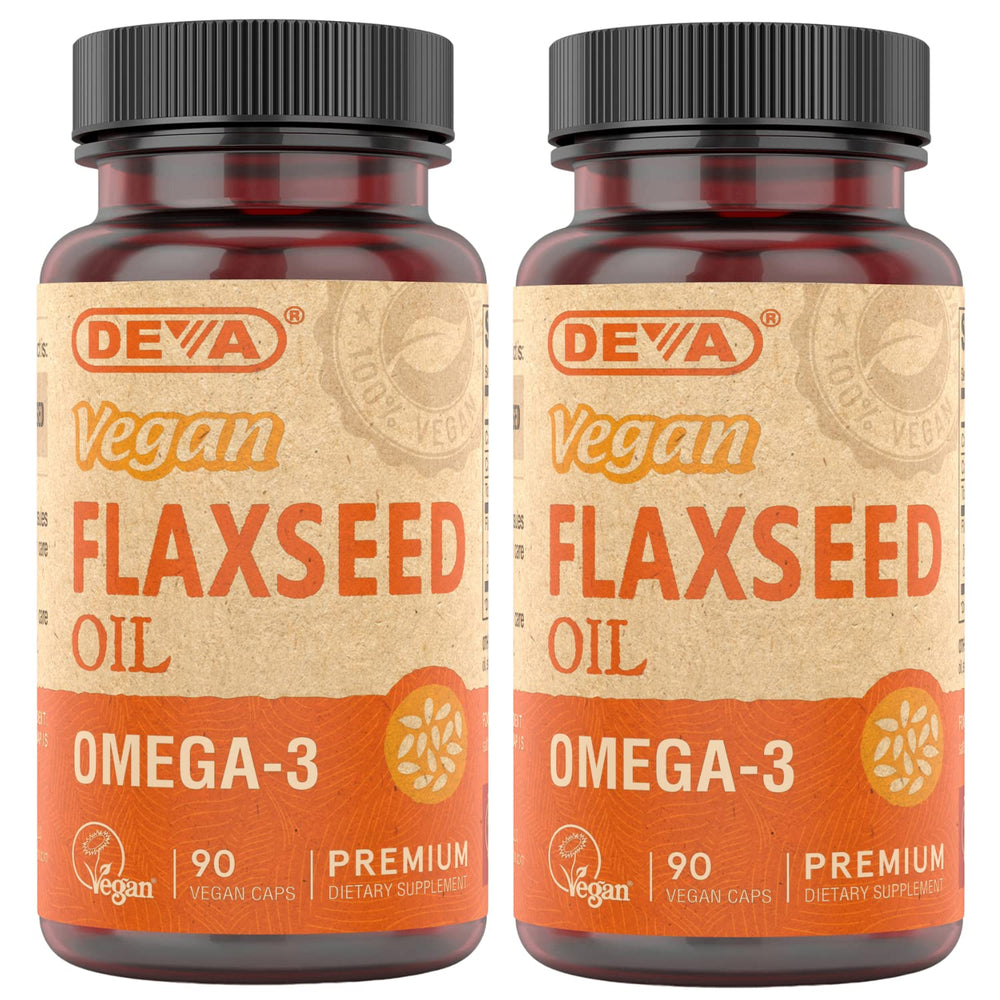 DEVA envase frontal de aceite de semilla de lino, presentación clara y beneficios veganos
