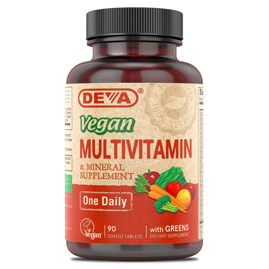 DEVA multivitamina botella frontal muestra la fórmula diaria vegana