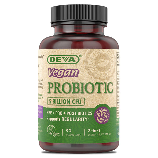 DEVA Probiotico en botella de cápsulas 3-en-1 para uso diario