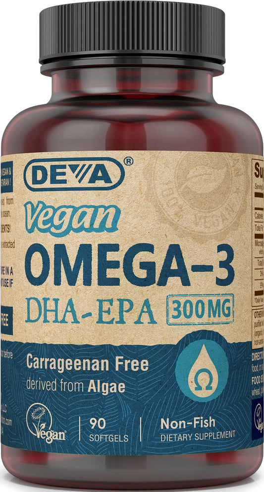 DEVA Vegan DHA-EPA en bote, cápsulas suaves para ingesta diaria.