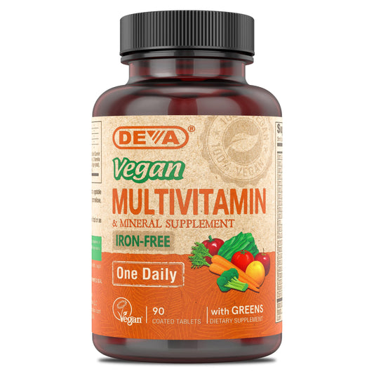 DEVA vegan iron-free multivitamin bottle for daily nutrition support.