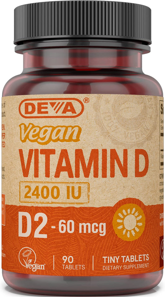 DEVA Vitamin D2 2400 UI, tabletas veganas, apoyo a niveles normales de vitamina D.