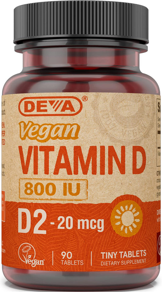 DEVA Vitamina D2 800 UI, envase de tabletas, apoya la ingesta diaria de vitamina D
