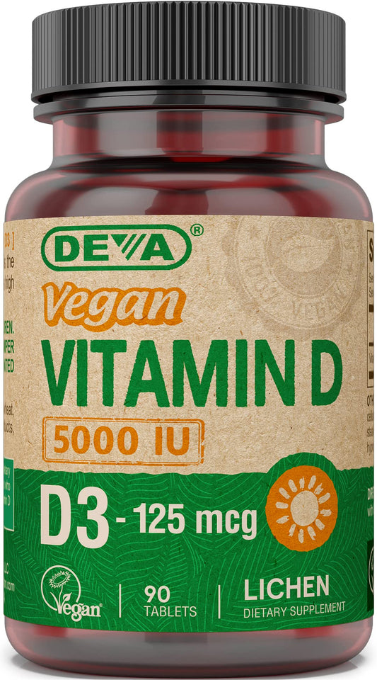 DEVA Vitamina D3 5000 UI en botella, apoyo diario para veganos.