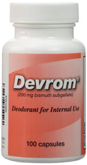 DEVROM frasco frontal 100 cápsulas, envase claro y cantidad visible para uso continuo