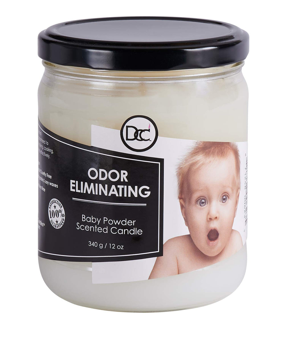 Dianne's Custom Candles vista frontal del frasco con aroma Baby Powder, neutraliza olores