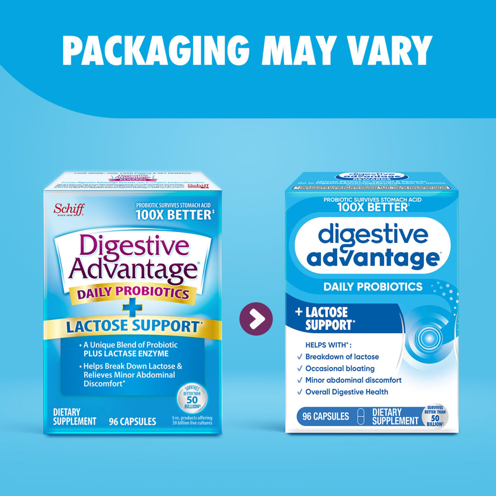 detalle de etiqueta Digestive Advantage con ingredientes y certificaciones