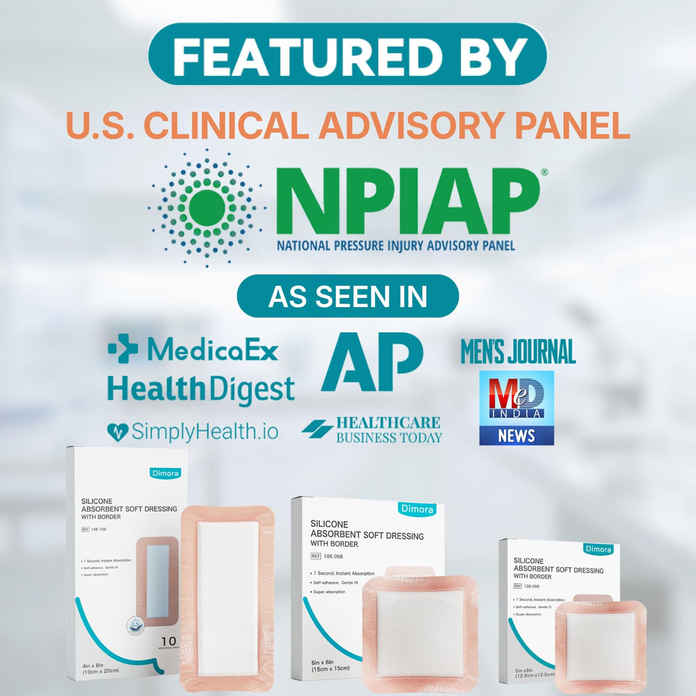 Dimora uso clínico en pierna ilustrando control de exudado en úlcera