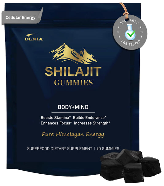 DLNIA Shilajit gomitas envase principal: energía sostenida