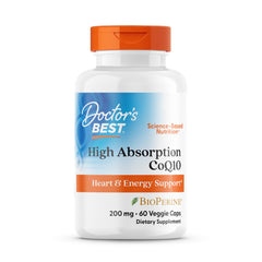 Doctor's BEST frontal del envase CoQ10 mostrando dosis y beneficios