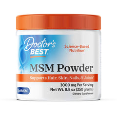 Doctor's Best envase frontal de MSM en polvo mostrando etiqueta y beneficios