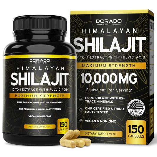 Dorado Nutrition Shilajit capsules bottle pour highlights mineral-rich daily energy support